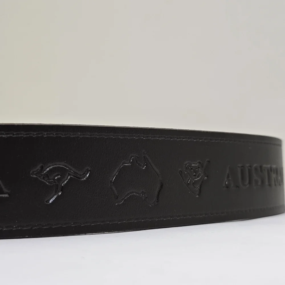 AUSTRALIA‎ belt size 36 Leather Brown Embossed Kangaroo Map Symbols Gold Buckle
